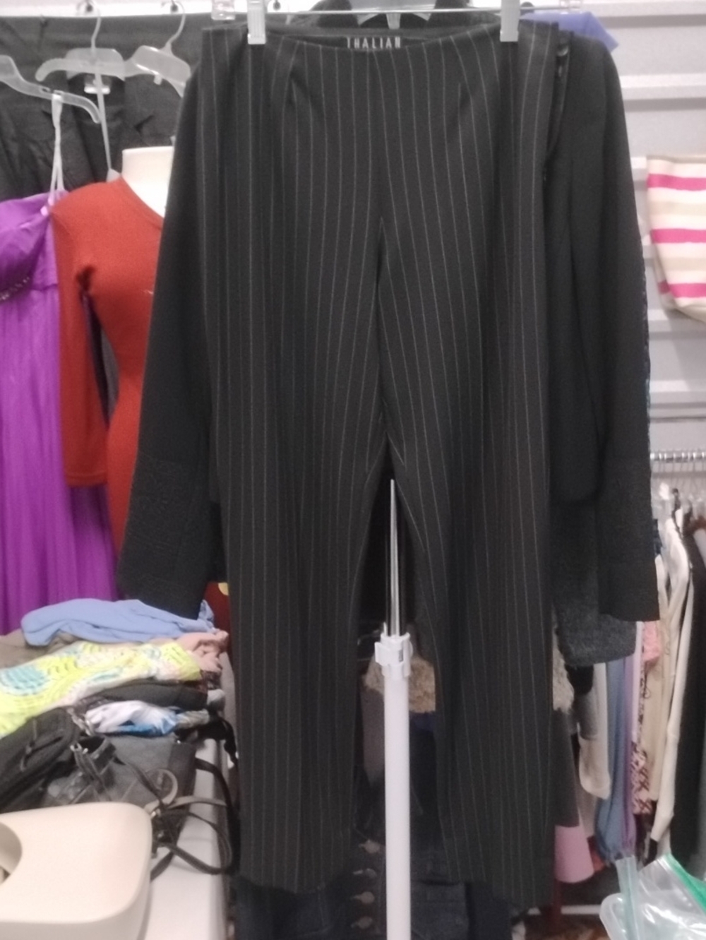 Thalian Black Pinstripe Petite Trousers with Purple Waistband Accent